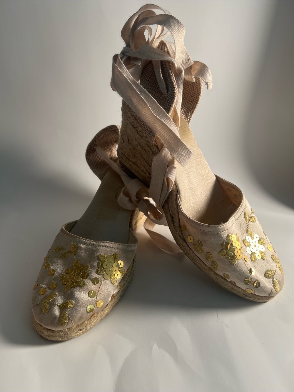 Montego Bay Club Beige Espadrille Wedge Sandals with Gold Sequin Detail Size 10